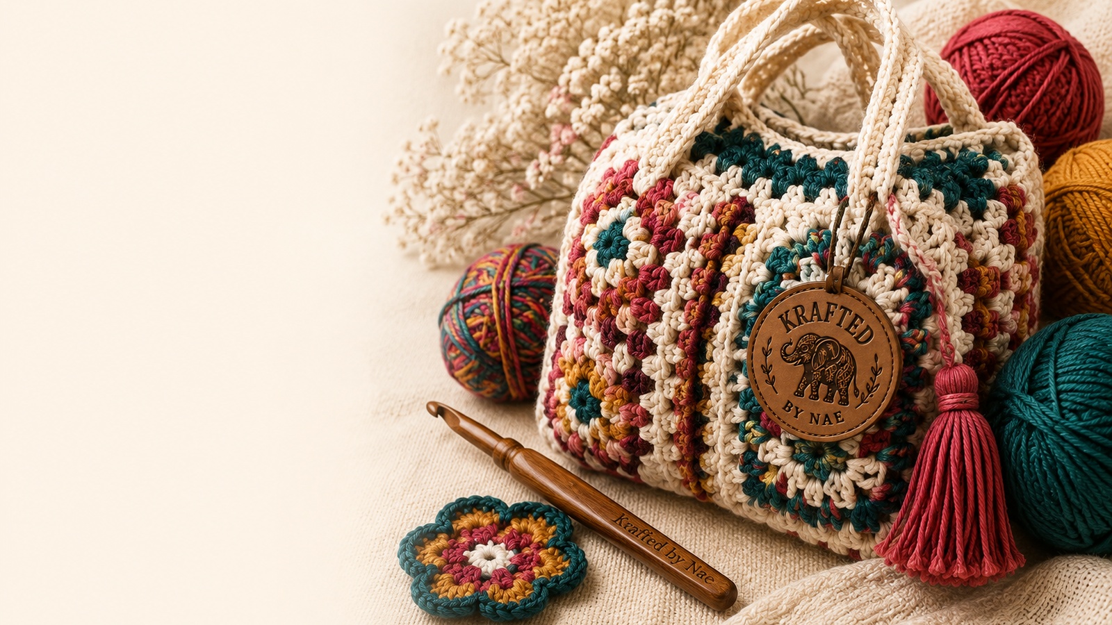 Krafted by Nae branded crochet bag with yarn and crochet hook