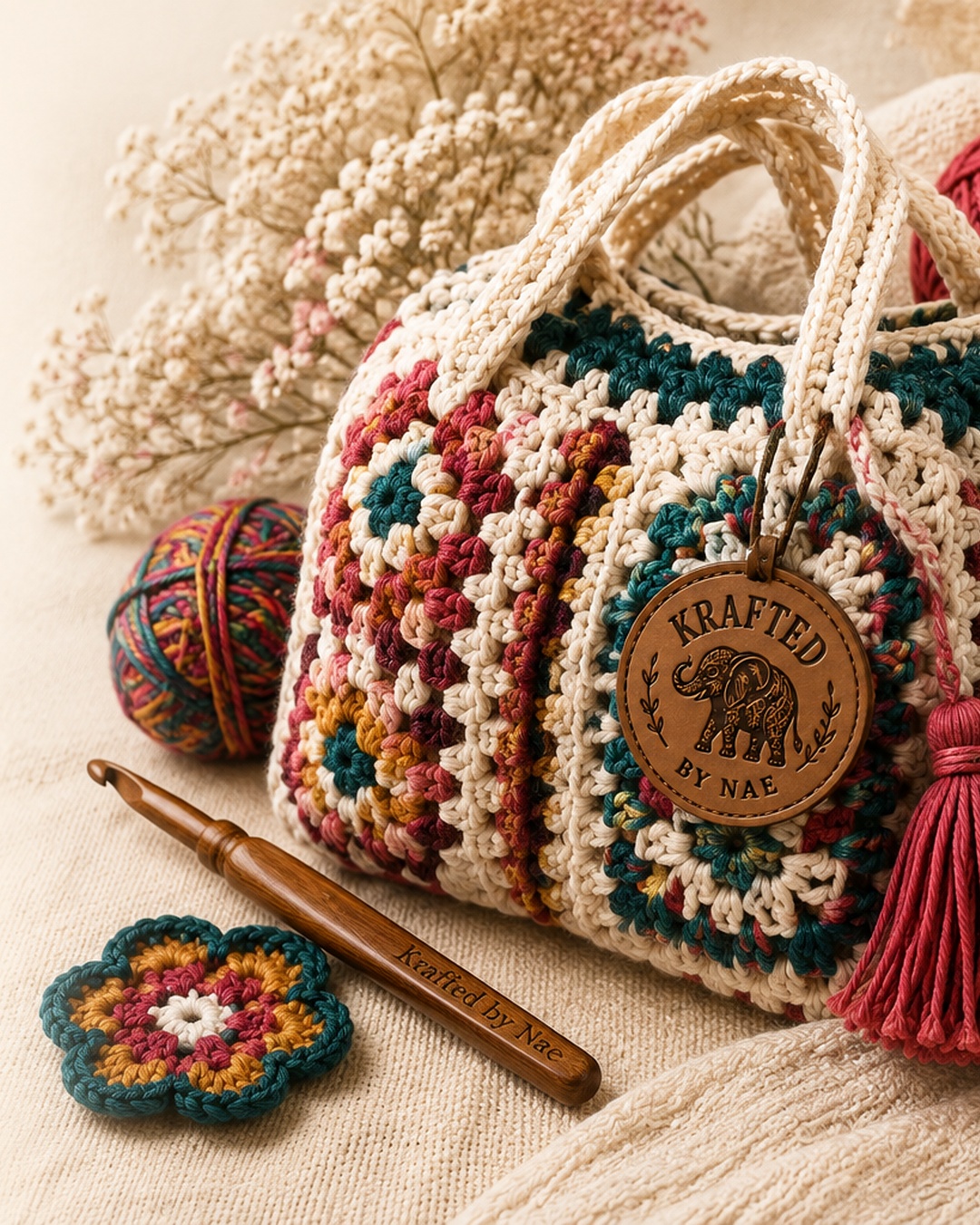 Krafted by Nae branded crochet bag with yarn and crochet hook